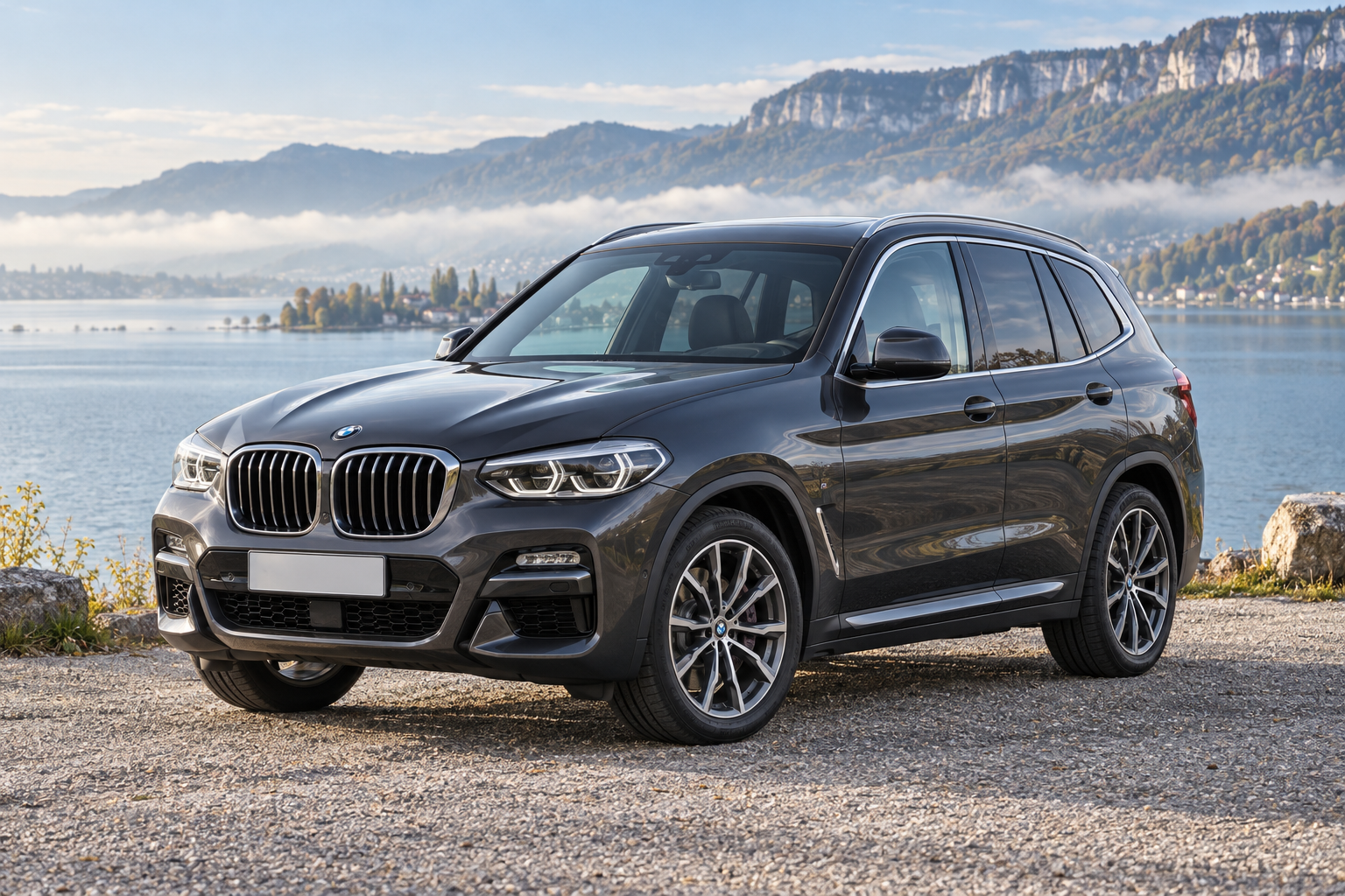 Illustration d’un SUV au bord d’un lac suisse